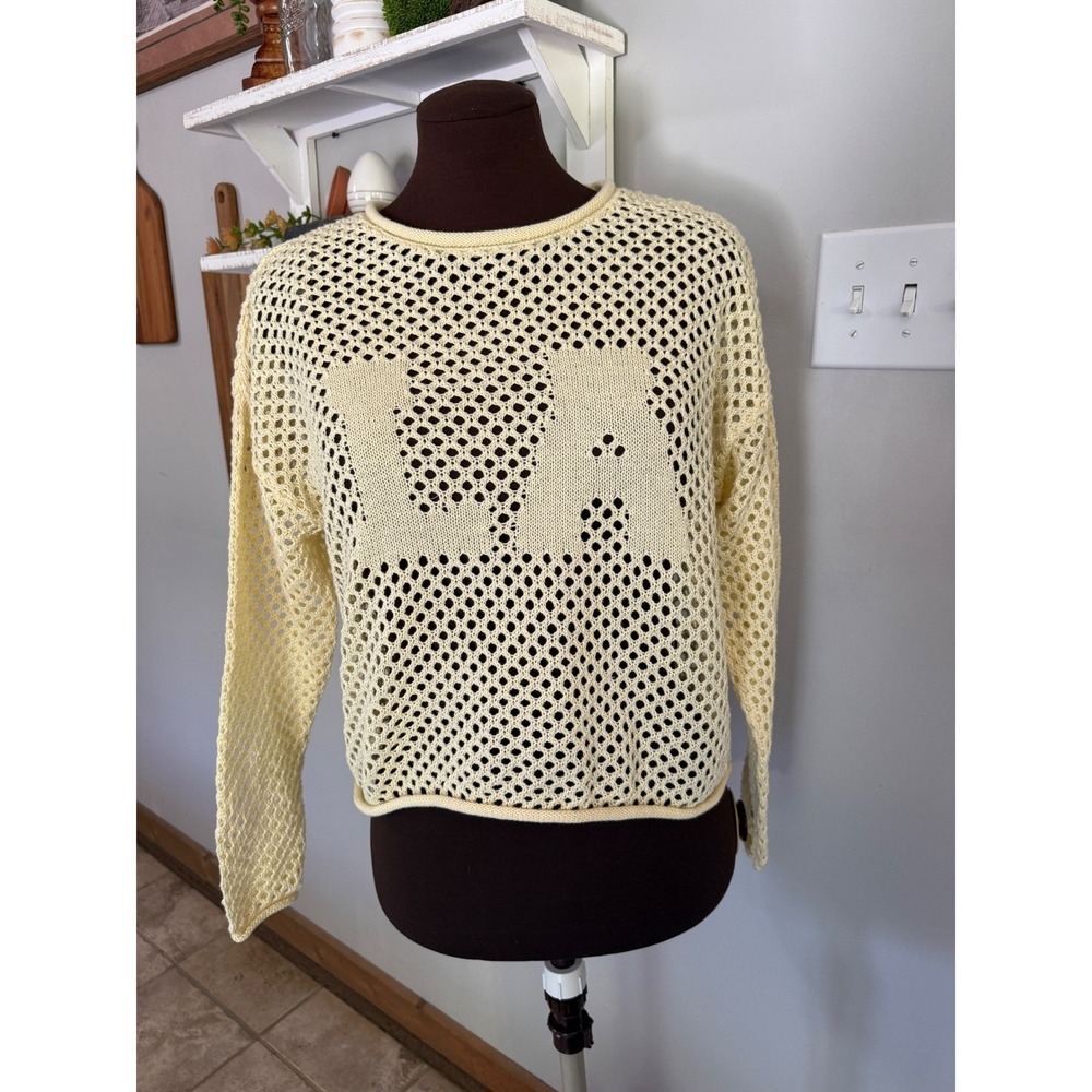 Rue21 Womens LA Graphic Open Knit Sweater Pale Yellow Mesh womens Small NWT